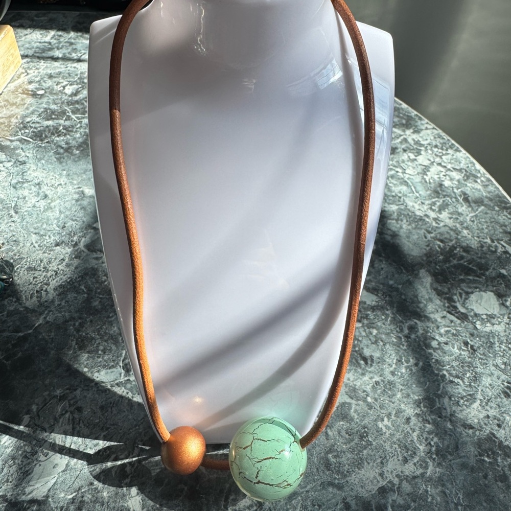 Contemporary Brown Cord Necklace with Mint Green and Bronze Beads